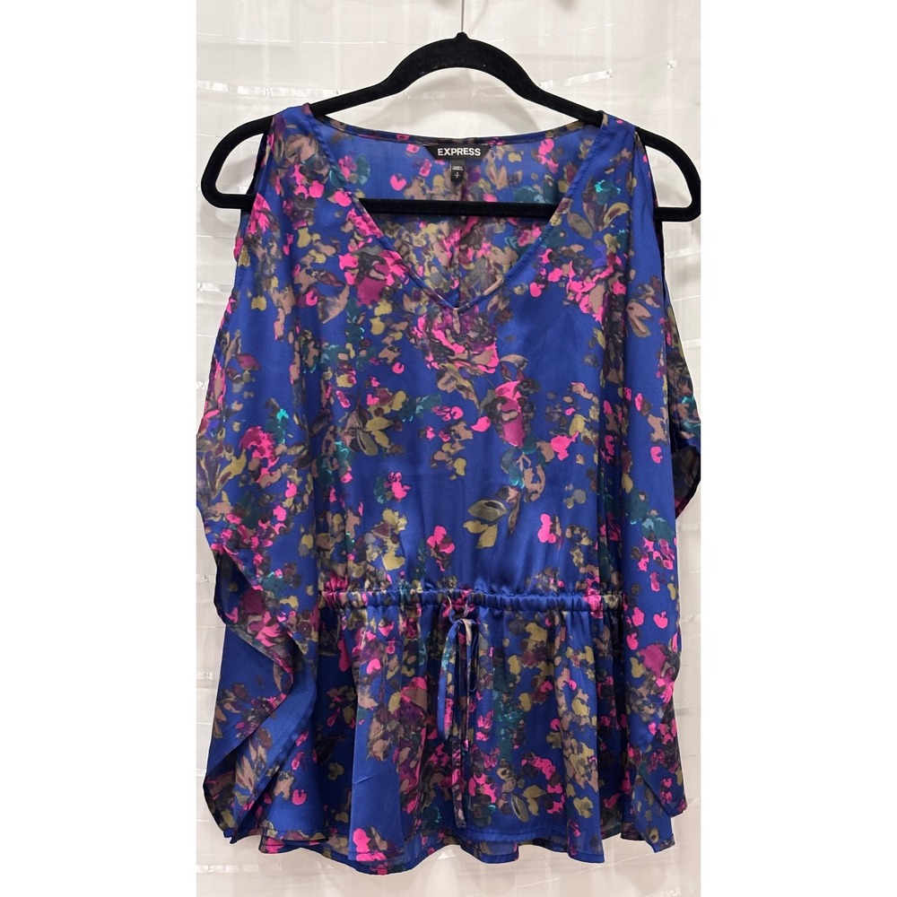 Express Floral Cold Shoulder Top Blue Pink‎ V-Neck Drawstring Waist Small